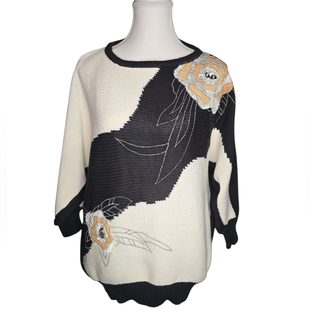 Vintage Adolfo Black And White Floral Artistic Patchwork Knit Sweater Size Large